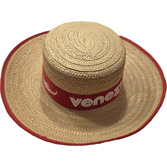 VENEZIA Natural Straw Gondola Beige Boater Skimmer Hat EU SZ 57 US Sz 7 1/8 EUC - Picture 1 of 4